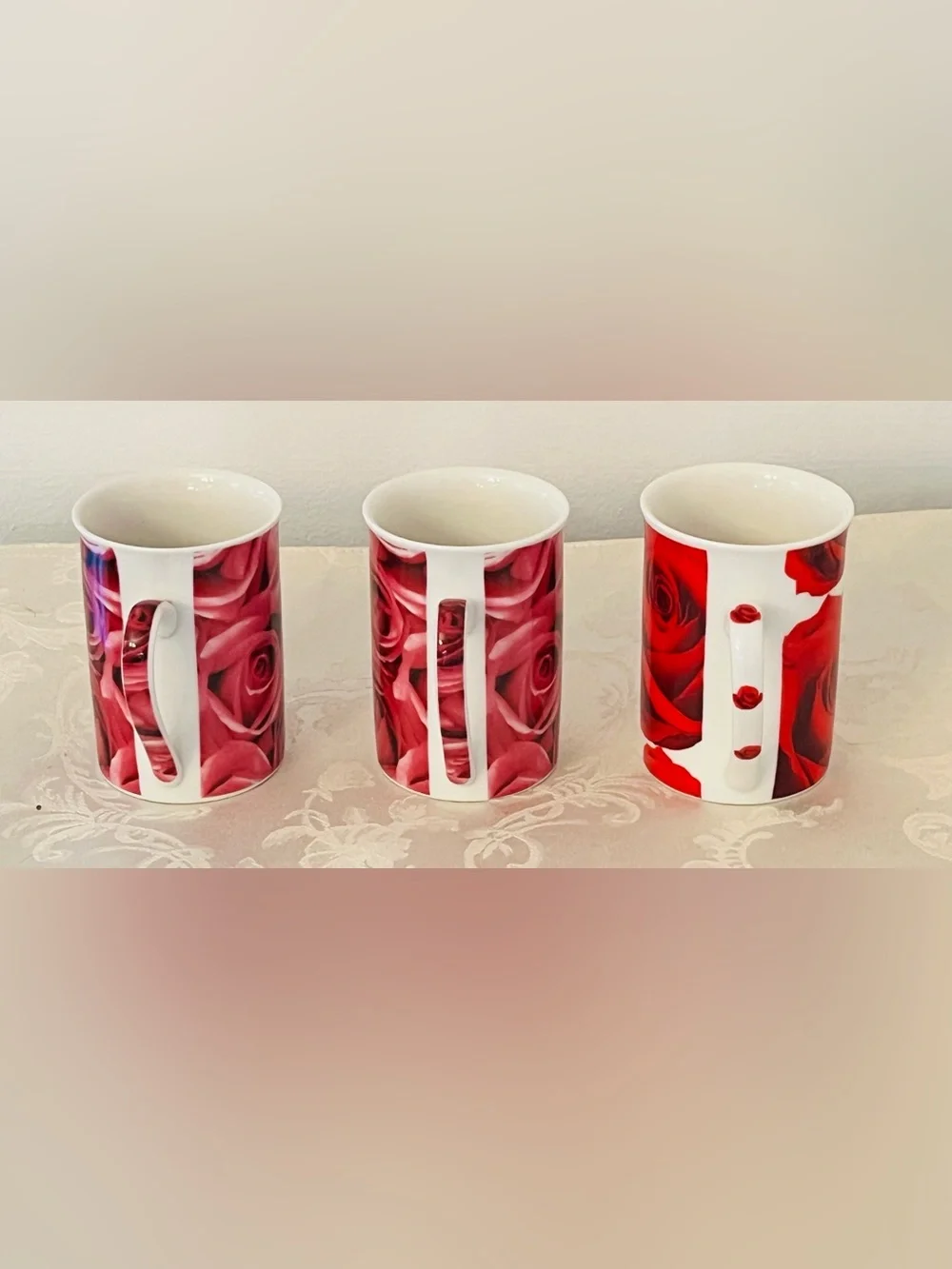 Rose Print Latte Mug Set Pink Floral Cottagecore Tea Coffee Cups NWOB